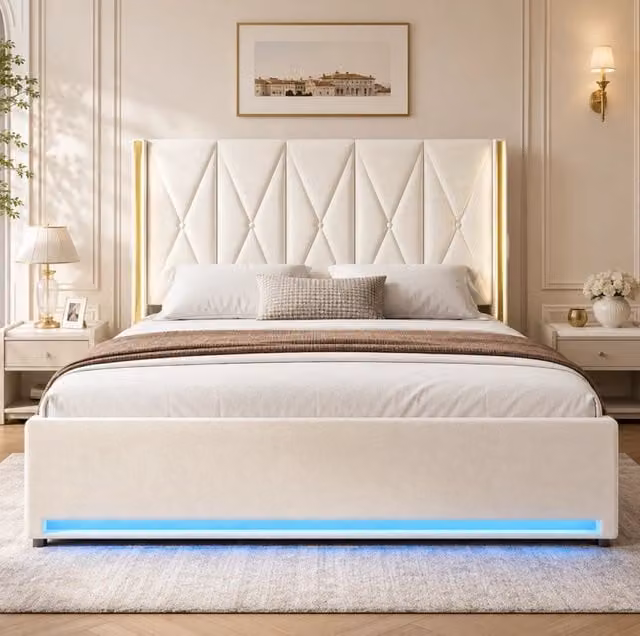 Letto 180x200 cm con contenitore; LED; USB e Type-C in velluto beige