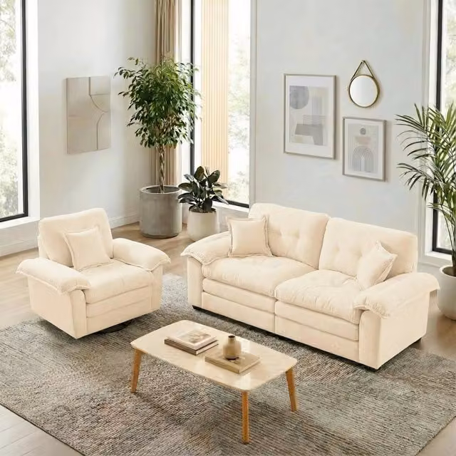 Divano in ciniglia con cuscini e seduta profonda in memory foam, struttura stabile beige