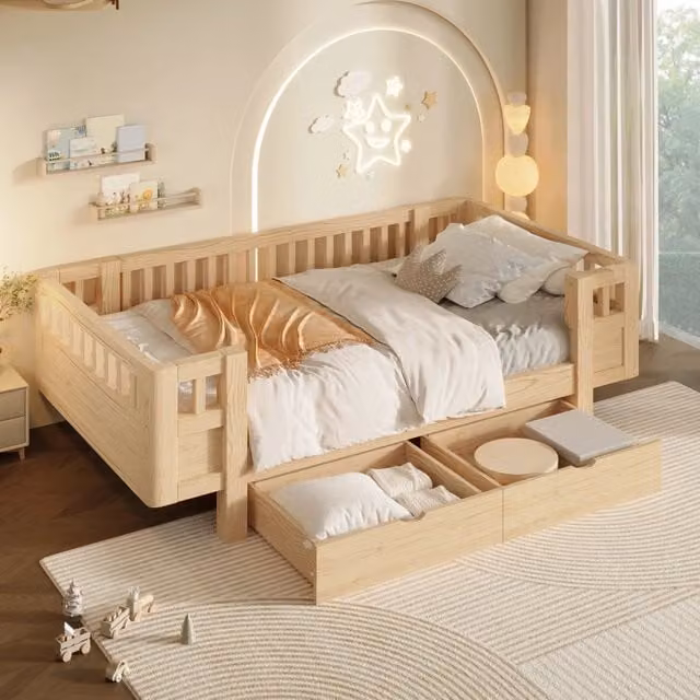 Letto per bambini con barriera di protezione e due cassetti estraibili in legno e MDF colore marrone L/P/H: 206 x 90 x 94 cm