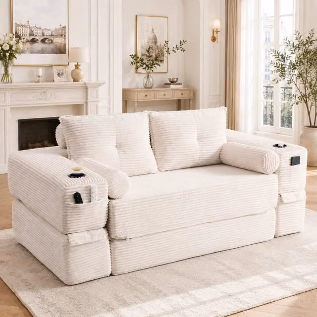 Divano letto 180.0x98.0x80.0 cm pieghevole con tasche laterali e portabicchieri in velluto a coste beige
