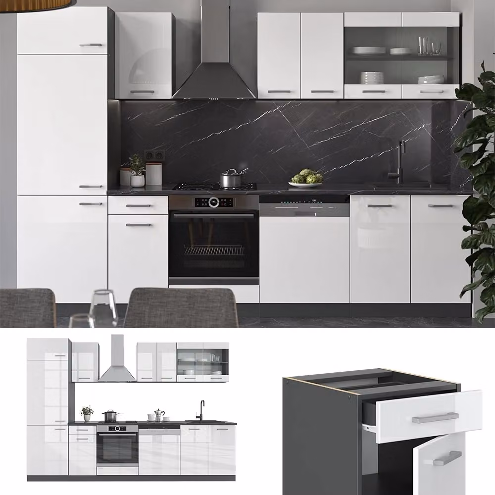 Cucina componibile moderna R-Line Vicco Bianco lucido e Antracite, L: 300 cm – 2