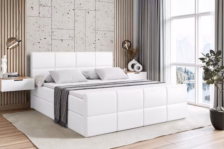 Letto boxspring ALTDECOR con pediera, materasso H3 e topper - 160x200 cm - ARDENI-Z - Pelle finta bianca - Letto imbottito con contenitore e rete a doghe, letto con spazio contenitivo