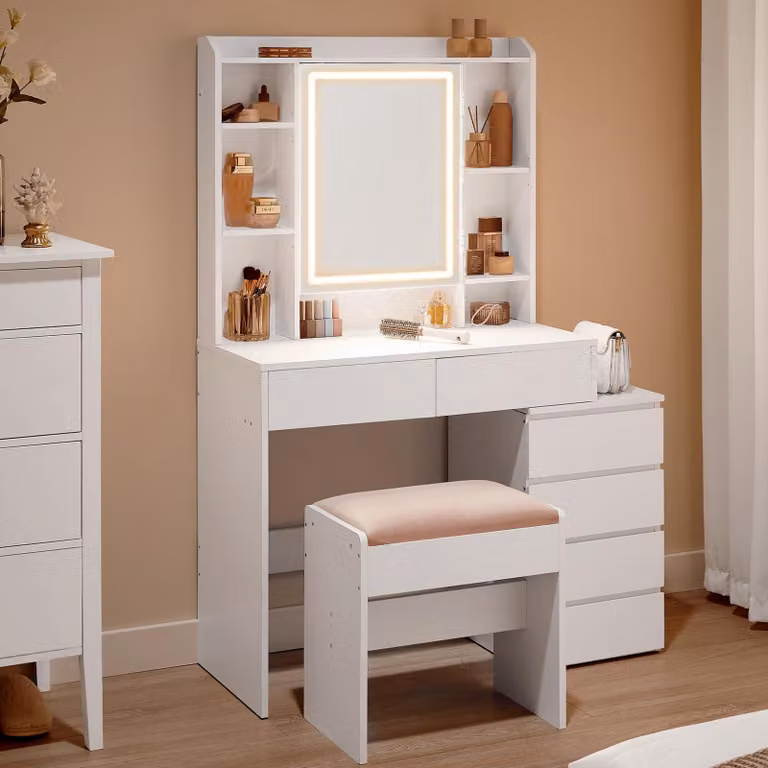 Tavolino da trucco VASAGLE con illuminazione, inclusa una panca, e specchio