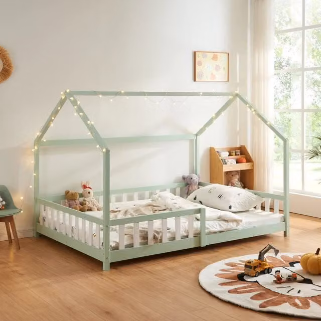Letto Piazza e Mezza Hesel a Forma di Casetta en.casa in Legno di Pino Verde Menta L: 200 cm, P: 120 cm, H: 126 cm