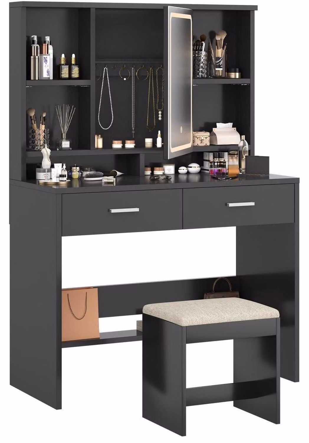 Comò da trucco con specchio illuminato a LED, dimmer a 3 livelli, 2 cassetti, ripiani regolabili, vano porta gioielli, colore nero, inclusa una panca
