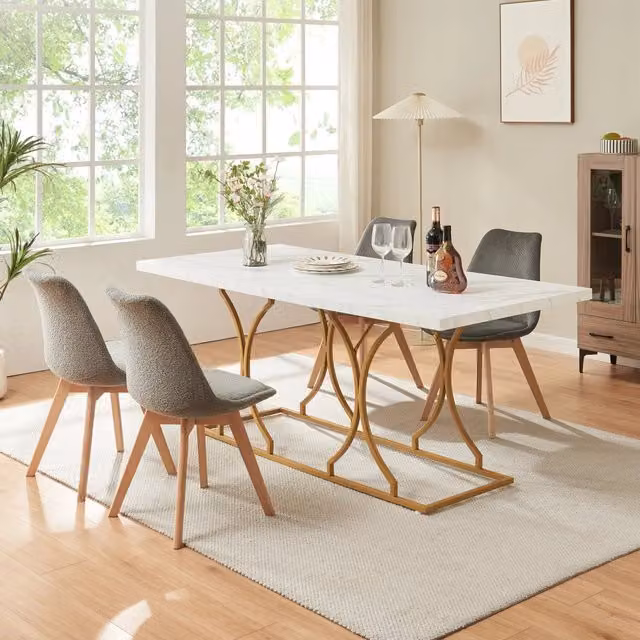 Tavolo da pranzo moderno Foga en.casa con piano effetto marmo bianco e dettagli oro, L/P/H: 180 x 80 x 75 cm