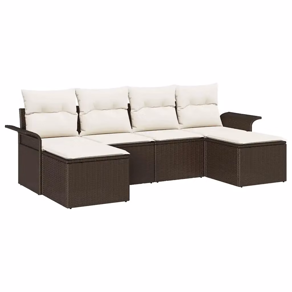 Set Divano da Giardino a L vidaXL 6 pz Marrone e Beige con Cuscini e Ottoman in Polyrattan e Metallo – 2