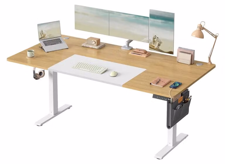 Scrivania regolabile in altezza elettricamente | Impiallacciatura di quercia naturale, finitura bianco opaco | 180x80x72-120 cm