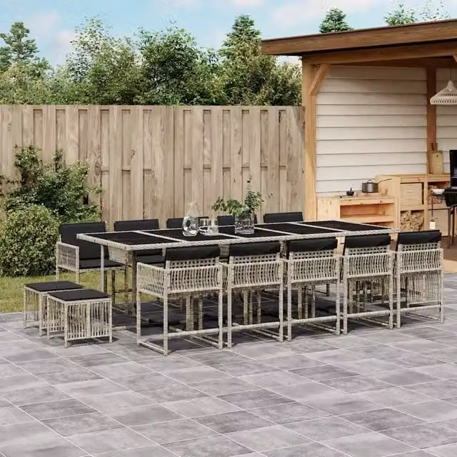 Set da Pranzo da Giardino 15 pz con Cuscini Grigio Polyrattan 3211535