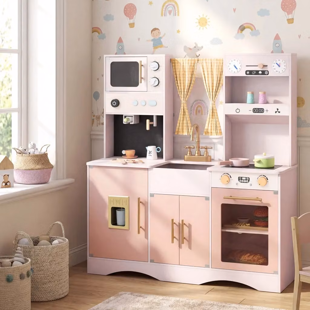 Set da cucina giocattolo in legno per bambini con microonde e macchina del caffè, colore rosa, H 110 x L 102 x P 35 cm – 2