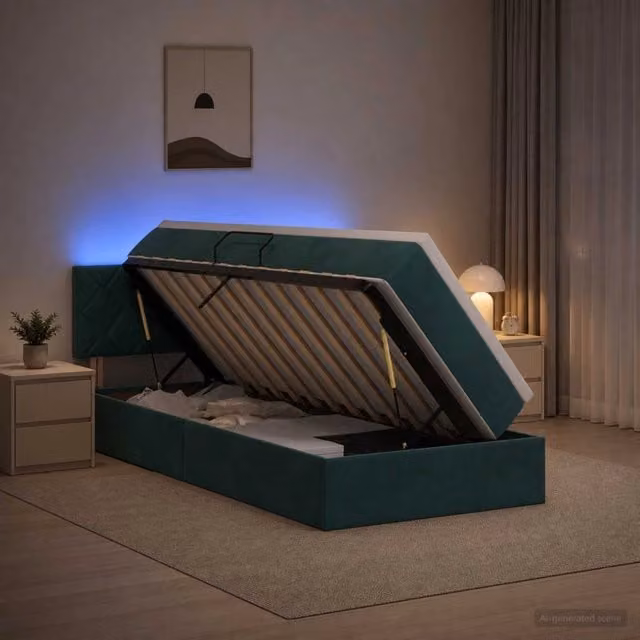 Letto con contenitore e illuminazione LED vidaXL in velluto verde, L/P/H: 90 x 200 x 88 cm