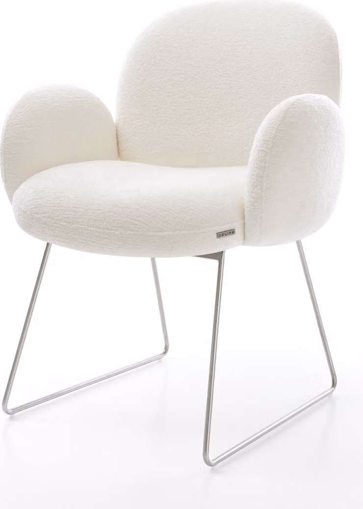 DELIFE sedia da pranzo Nube-Flex con braccioli Bouclé Soft Beige base a slitta in acciaio inox nucleo a molle insacchettate