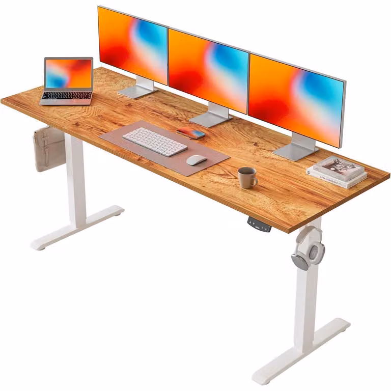 Scrivania regolabile in altezza, dimensioni 160 x 60 cm, con sistema elettrico e funzione di memoria, colore marrone chiaro