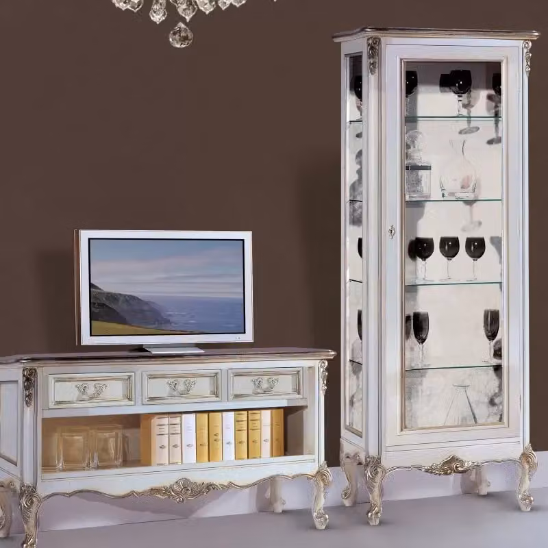 Parete attrezzata shabby chic in legno di faggio bianco e argento Mobili 2G L: 180 cm, H: 51 cm, P: 40 cm – 1