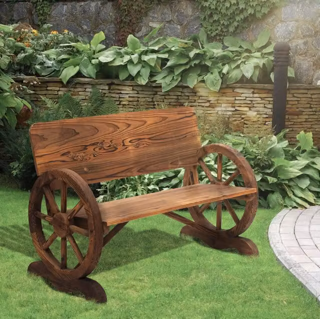 Panca da giardino rustica MODFU a 2 posti in legno di abete marrone, con braccioli, L: 114 cm, P: 58 cm, H: 80 cm – 1
