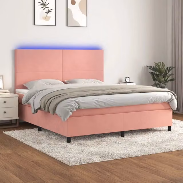 Letto matrimoniale con materasso ibrido vidaXL in velluto rosa e bianco con illuminazione LED e porta USB L/P/H: 160 x 200 x 203 cm – 1