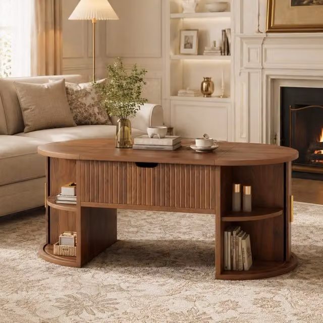 Tavolino basso alzabile ovale Mivray in MDF noce con piano regolabile e ante scorrevoli L: 100 cm, P: 50 cm, H: 40.5 cm – 1