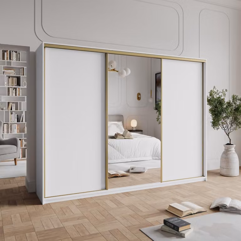 Armadio scorrevole Masseno TAVI 250/205/60 cm Armadio con 4 cassetti Armadio per camera da letto a 3 ante con specchio Bianco