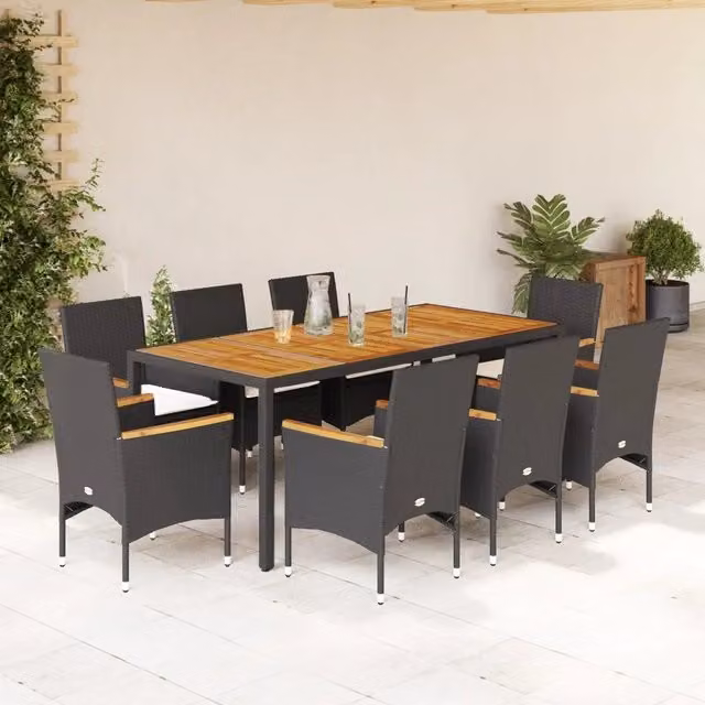 Set Pranzo da Giardino 9 pz con Cuscini Nero Polyrattan Acacia 3278632