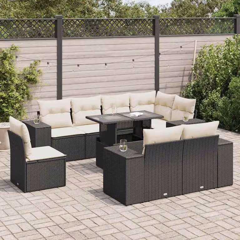 Set di divani da giardino vidaXL in polyrattan nero con cuscini per 9 persone