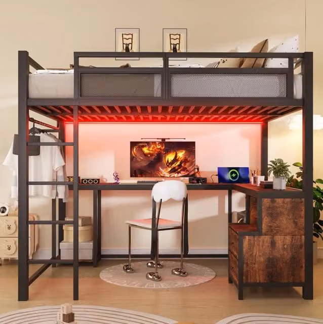 Letto a soppalco 140x200 cm in metallo con scrivania, LED e USB