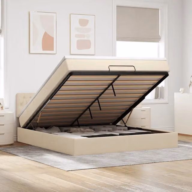 Letto con contenitore a sollevamento vidaXL in tessuto beige e bianco L 180 x P 200 cm – 1