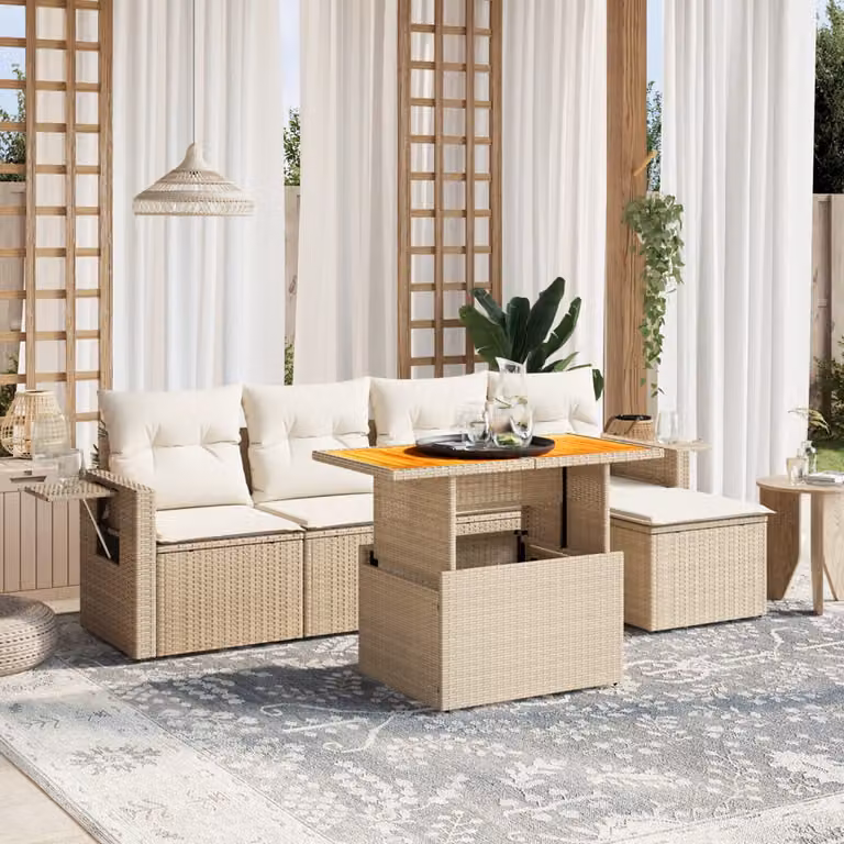 vidaXL Set Divano da Giardino 6 pz in Polyrattan con Cuscini Beige e Tavolino, Design Moderno a L per Terrazza e Giardino