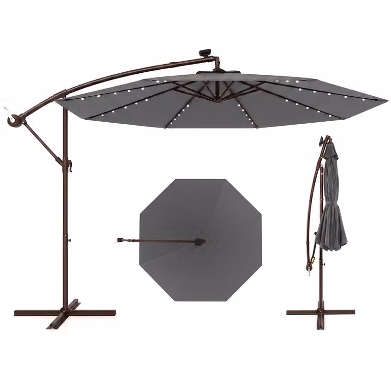 Ombrellone COSTWAY φ300cm, ombrellone a sbalzo con 40 luci LED solari e manovella, ombrellone da giardino, ombrellone da mercato, ombrellone da patio antracite