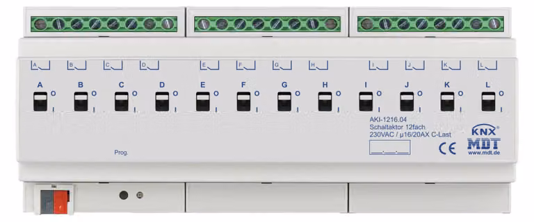 MDT KNX Attuatore di commutazione 12 vie C-Load 16/20A REG, 1 pz.