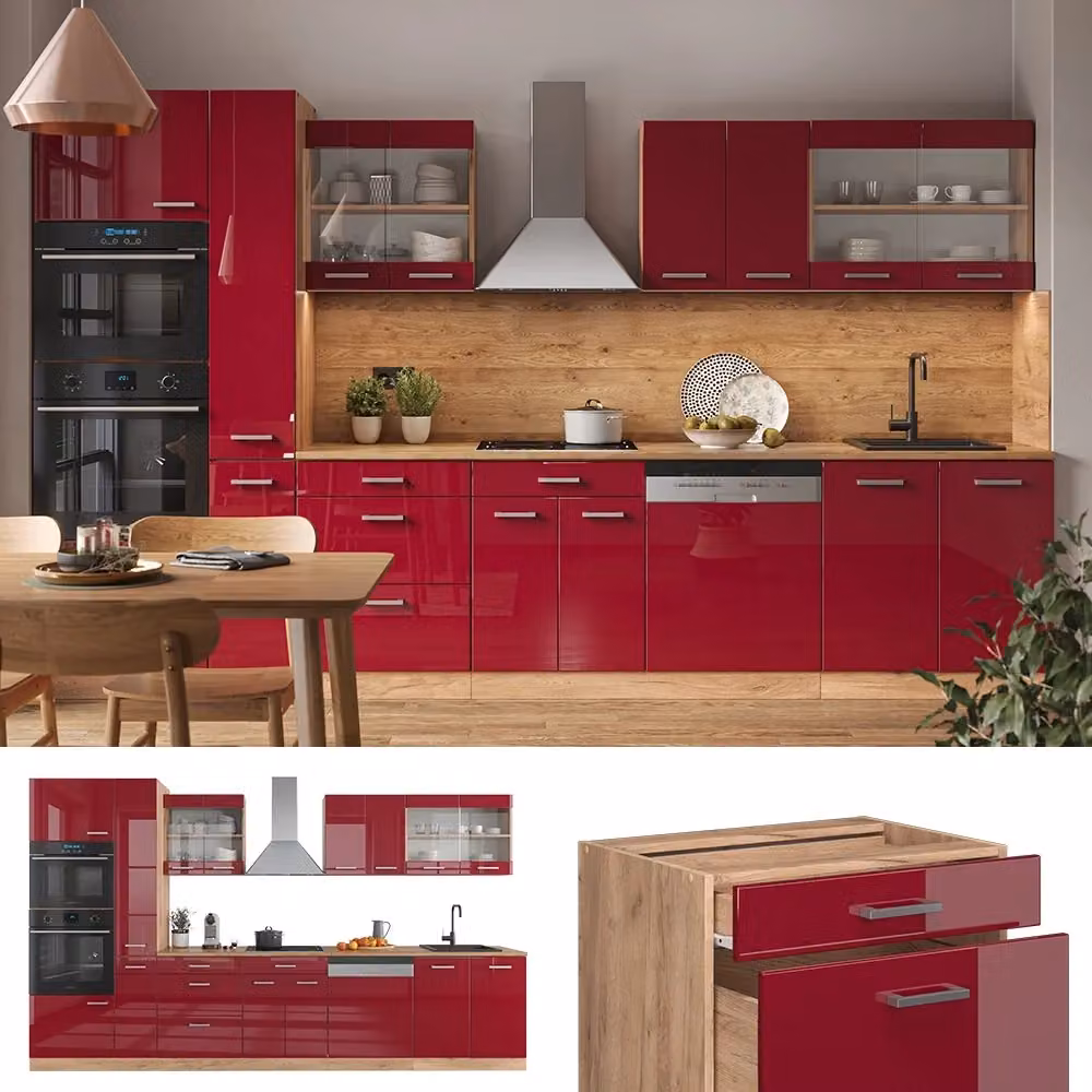 Cucina componibile moderna Vicco R-Line Rosso lucido e Rovere dorato con armadio alto L: 350 cm – 2