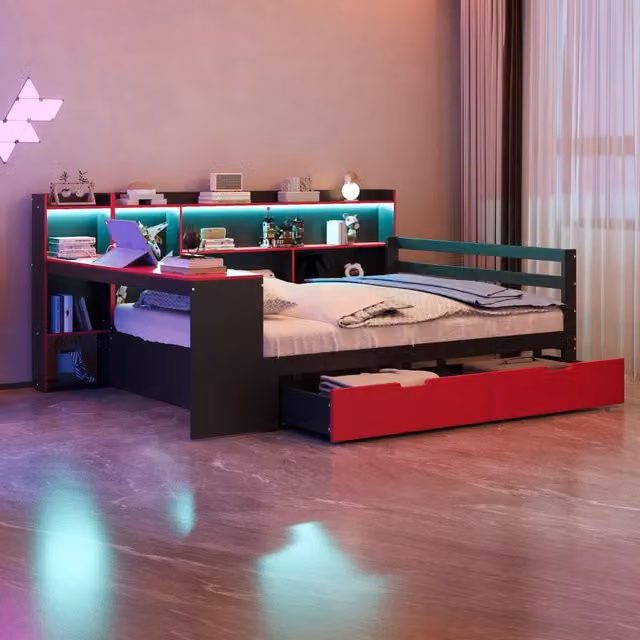 Divano letto in legno 140 x 200 cm nero+rosso scrivania libreria deposito LED prese e cassetti