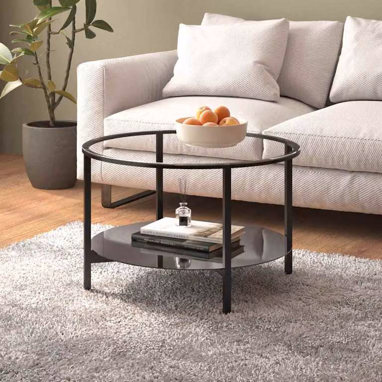 vidaXL Tavolino da Salotto Moderno Rotondo in Vetro Temperato e Metallo, Nero e Trasparente, Diametro: 70 cm, Altezza: 46 cm