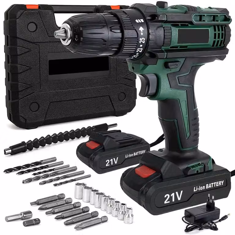 Trapano avvitatore a batteria - 21 V - Mandrino autoserrante da 0,95 cm - 45 Nm - 25+3 livelli di coppia - 2 velocità - 2 batterie