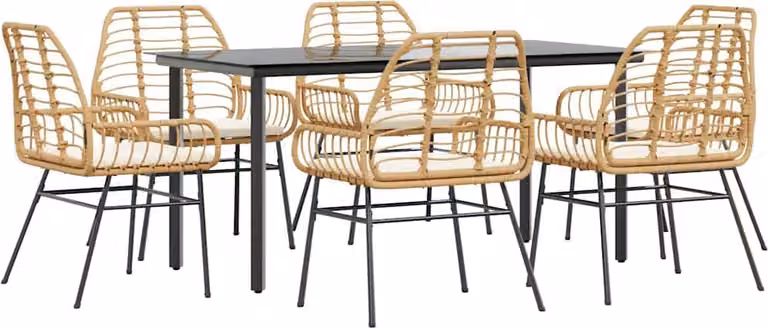 Set Pranzo da Giardino 7pz con Cuscini Marrone Polyrattan Vetro