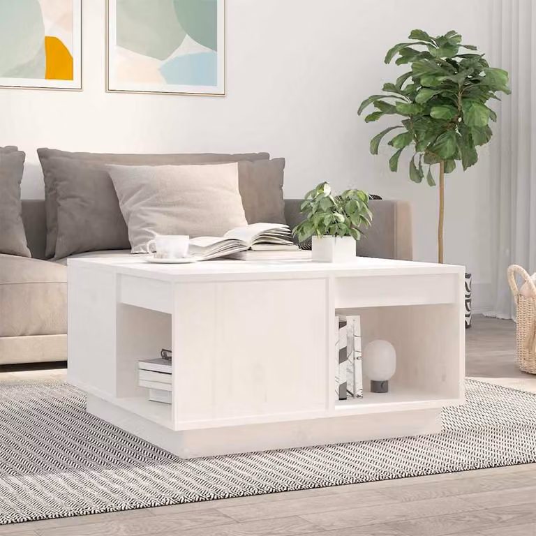 vidaXL Tavolino da Salotto Bianco in Legno di Pino Massello L: 60 cm, P: 61 cm, H: 32,5 cm
