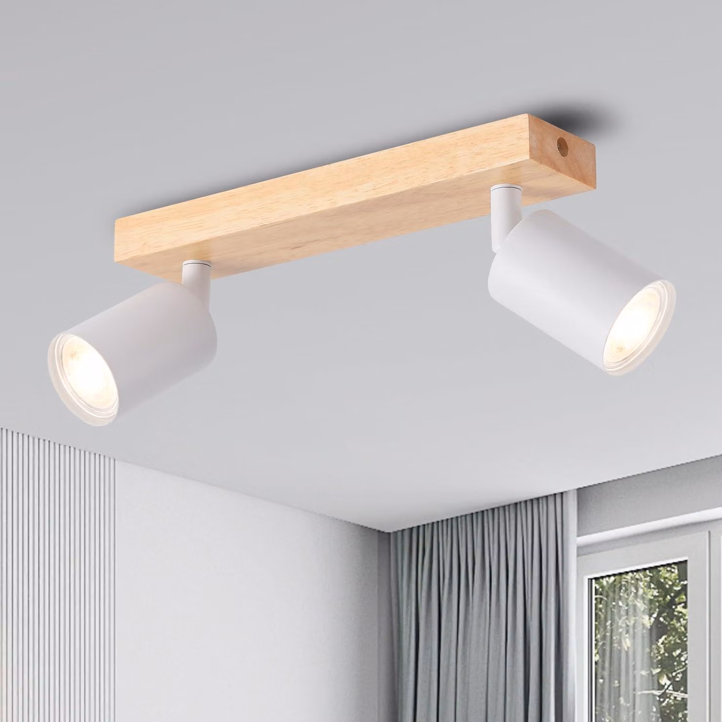 ANWIO Lampada da soffitto a LED, bianca, in legno. Lampada da soffitto a 2 luci, lampada da soffitto GU10, plafoniera a LED, lampada da soffitto nera, applique vintage per soggiorno, camera da letto, cucina, cameretta. Senza lampadine