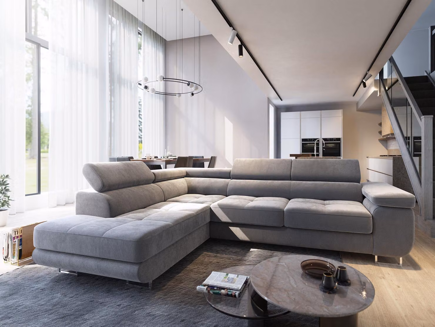 Divano angolare Masseno SELVA L-S con funzione letto a L, divano con box letto, divano da soggiorno, divano, divano letto, set di divani - grigio chiaro, MONOLITH 84