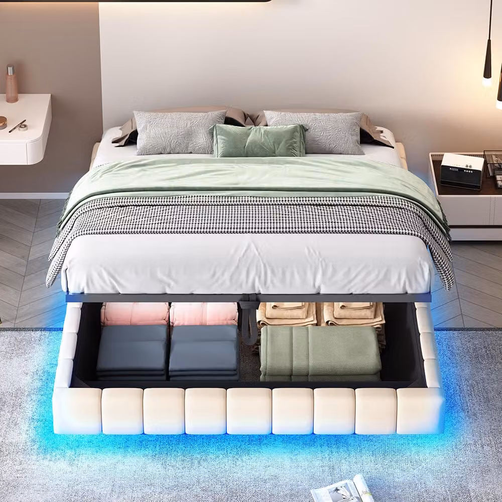 Letto imbottito Sweiko 160x200 cm, giroletto idraulico con contenitore, senza testata , Beige