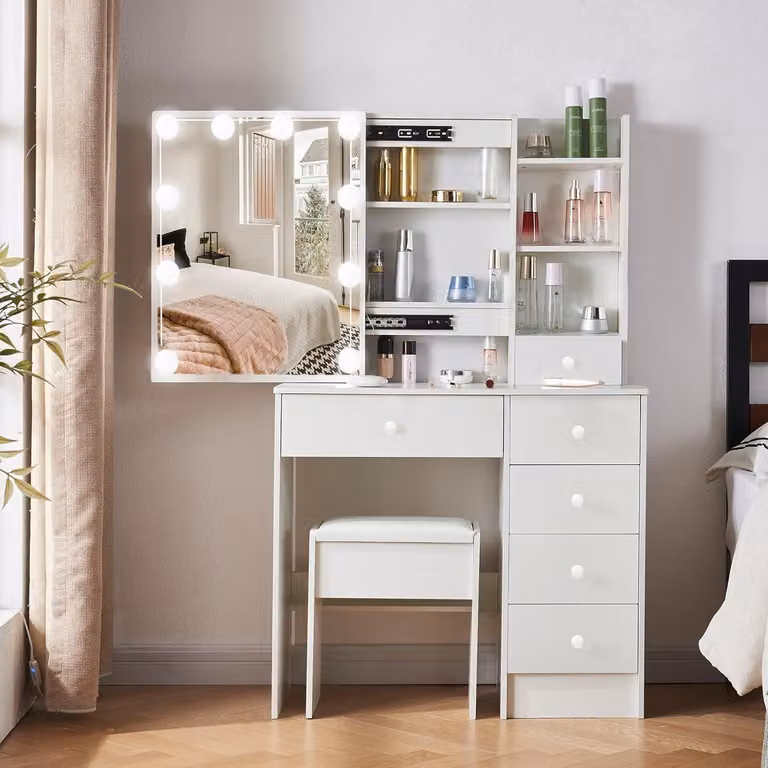 Comò da trucco con illuminazione a LED e specchio, 3 temperature di colore, luminosità regolabile, 1 sgabello, bianco, MDF