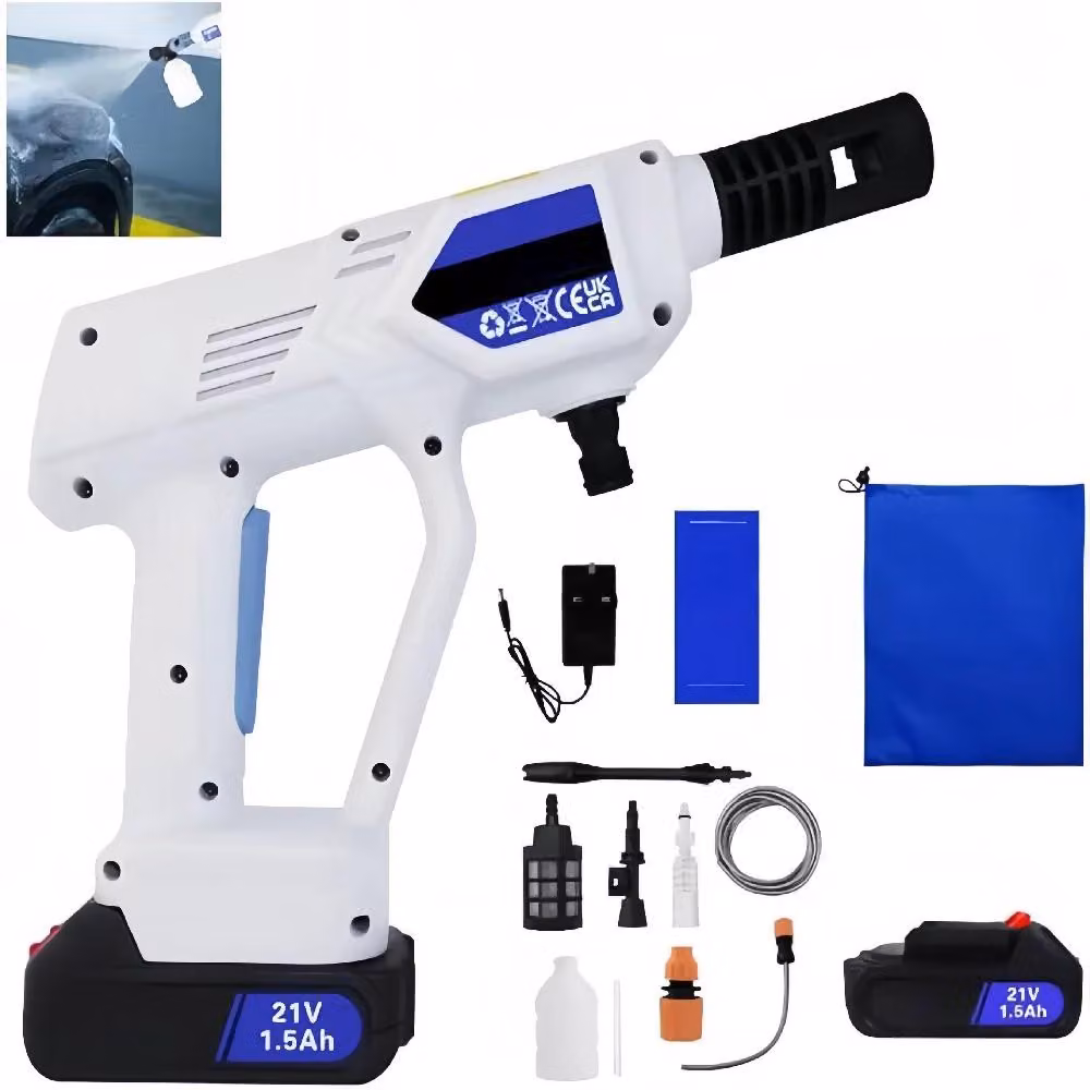Idropulitrice a batteria - Pistola a getto d'acqua elettrica - Pistola per schiuma - Ricaricabile - 2 batterie - Tubo per l'acqua da 5 a 10 metri