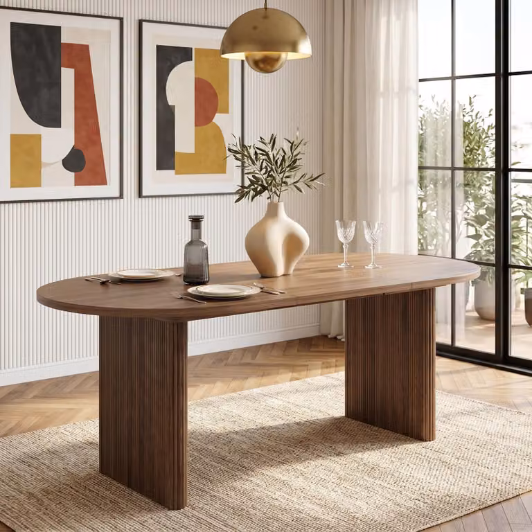 Tavolo da pranzo allungabile Flieks, adatto per 6-8 persone, tavolo da pranzo con angoli arrotondati, piano del tavolo rinforzato, tavolo da cucina 200x90x75 cm, noce