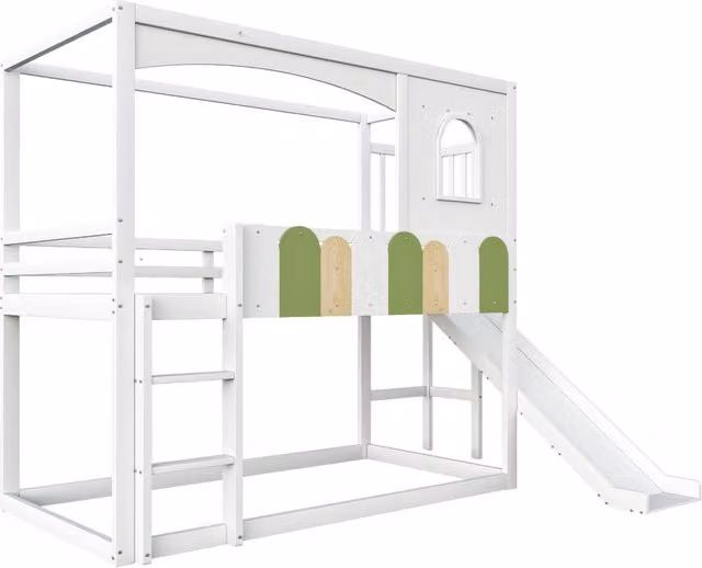 Letto a soppalco singolo in legno bianco con scivolo e scala di sicurezza per bambini L/P: 90 x 200 cm – 1
