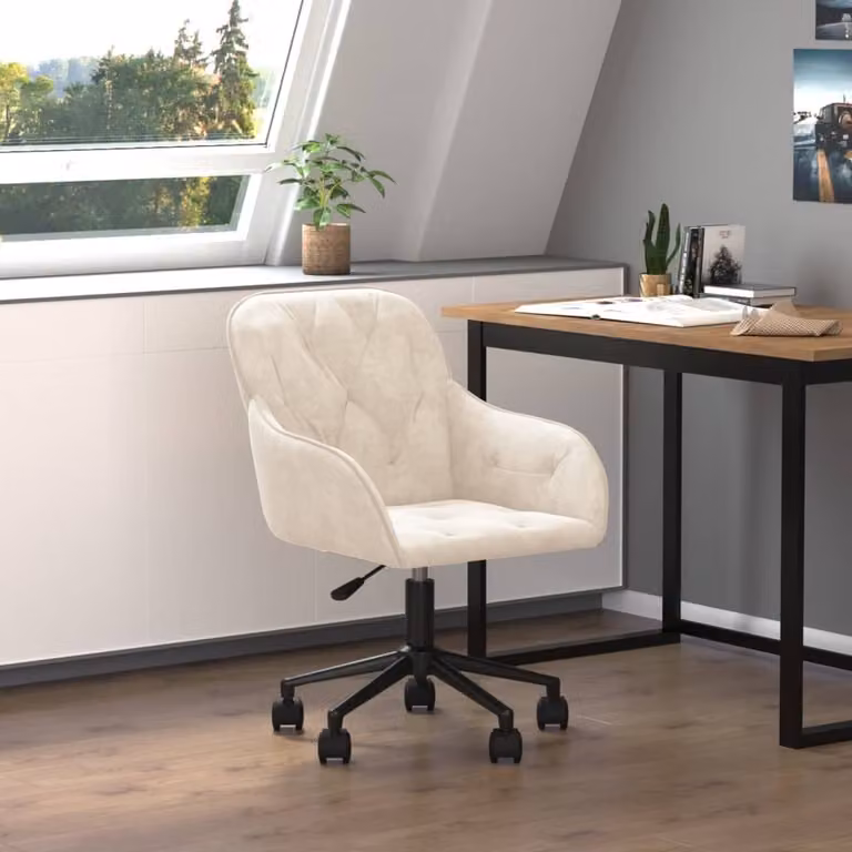 The Living Store Sedia da ufficio girevole in velluto crema