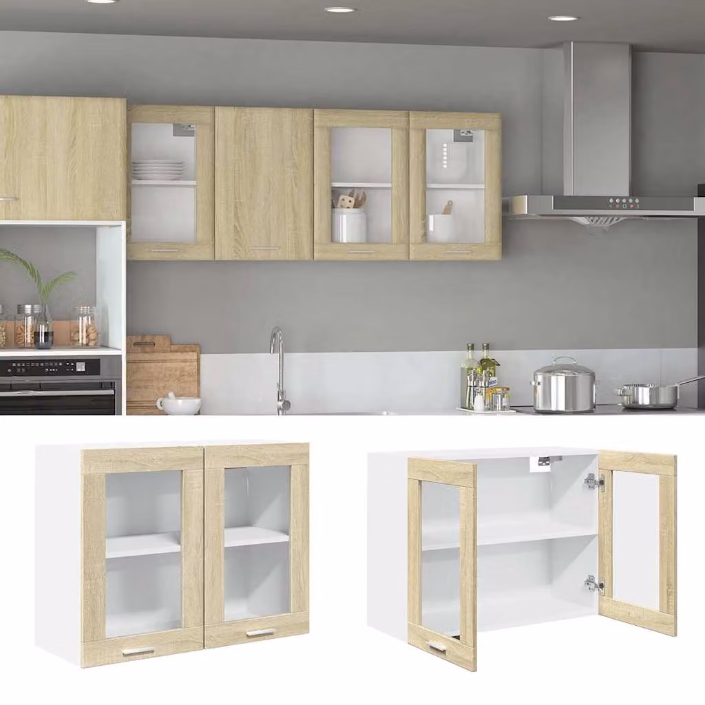 Pensile da cucina moderno vidaXL Lyon con ante in vetro, Rovere Sonoma e Bianco, L 80 cm x P 31 cm x H 60 cm