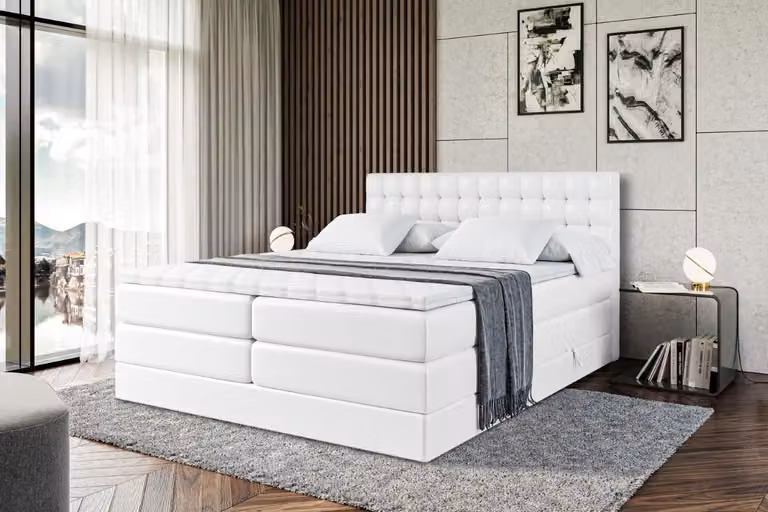 Letto boxspring ALTDECOR con materasso e rete a doghe - VIONE KING - 180x200 cm - Pelle finta bianca - Topper, letto imbottito con contenitore, letto con vano portaoggetti H3 e H4 - Materasso, letto matrimoniale, letto boxspring