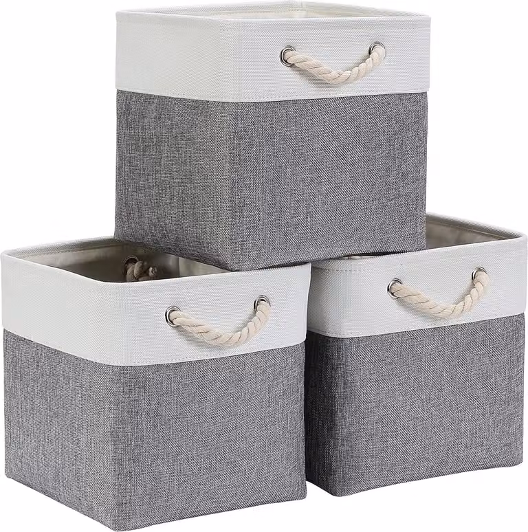 Set di 3 cestini portaoggetti - Cubo in tela grigio/bianco per armadi e scaffali, 33x33x33 cm
