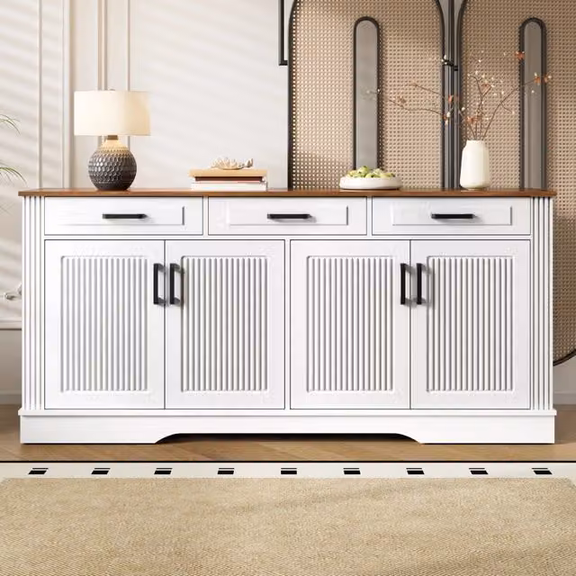 Sideboard moderno WISHDOR in MDF bianco opaco con 4 ante a rilievo e 3 cassetti L: 120 cm, P: 40 cm, H: 75 cm