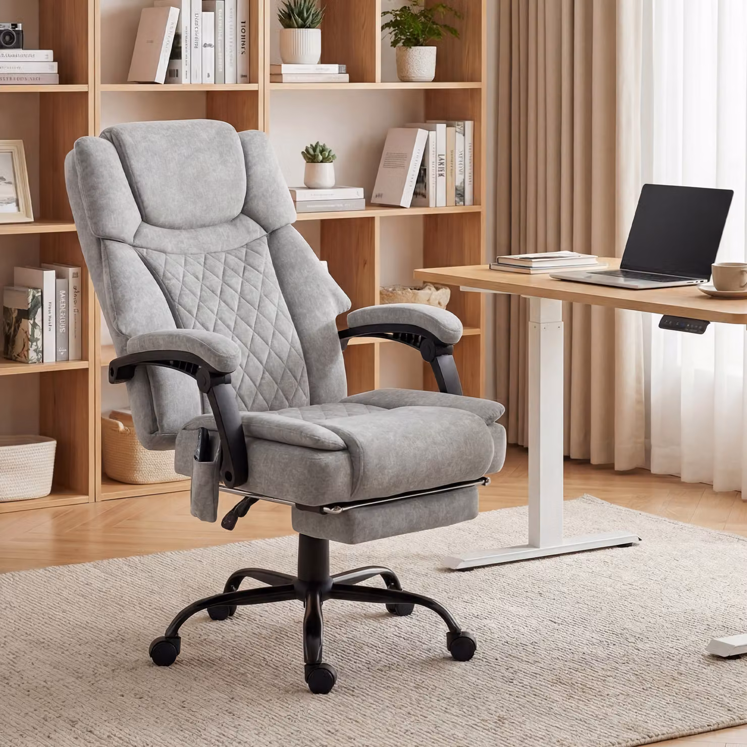 Sedia da Ufficio Ergonomica HOMCOM con Massaggio a Vibrazione, Funzione Riscaldante, Poggiapiedi e Schienale Alto con Poggiatesta, Grigio – 2