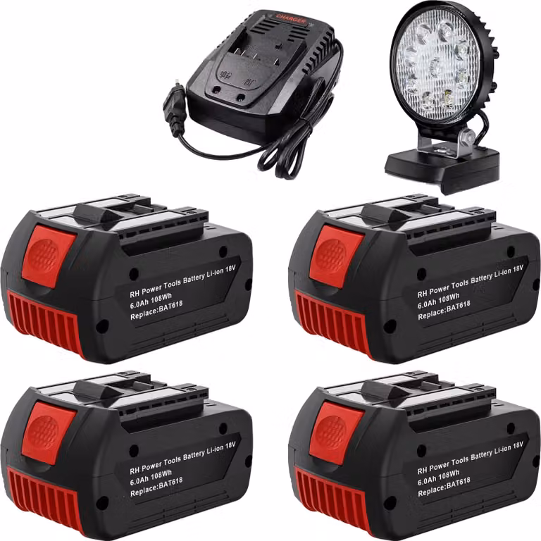 Batteria di ricambio Bosch da 18 V, capacità 6000 mAh, caricatore rapido 4A, set 4
