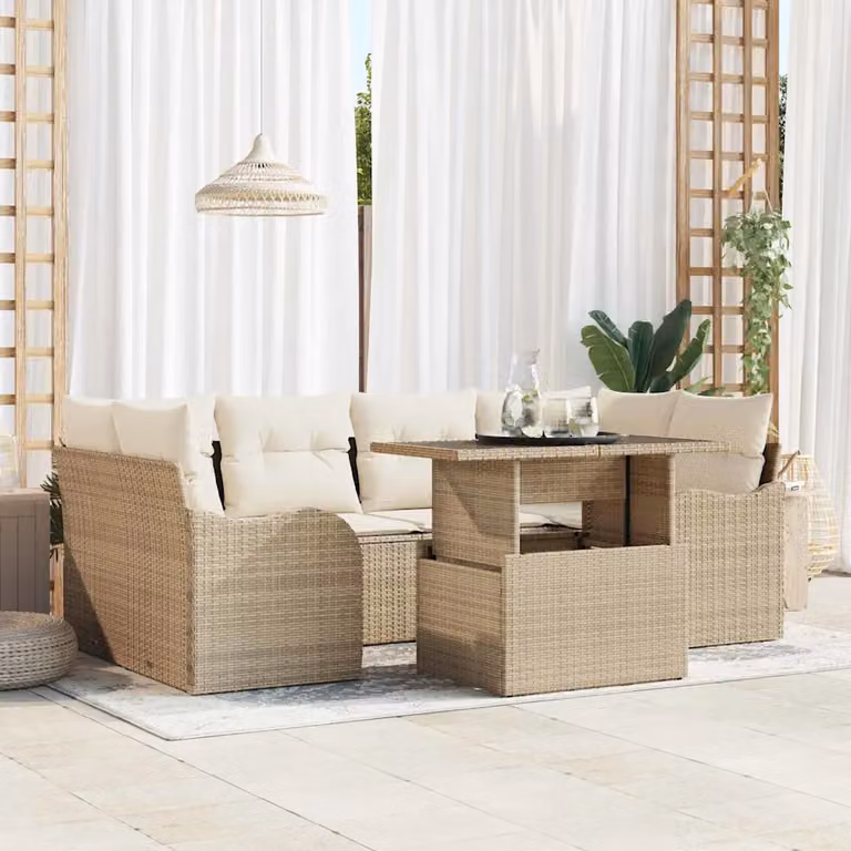 Set Divano da Giardino vidaXL 7 Pezzi Beige con Tavolino e Pouf in Rattan e Metallo